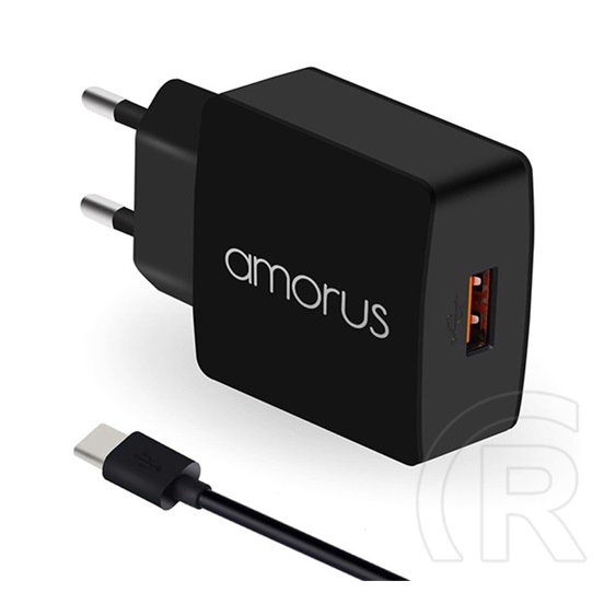 Amorus k6 hálózati töltő usb aljzat (5v / 3000ma, pd gyorstöltés támogatás + type-c kábel) fekete