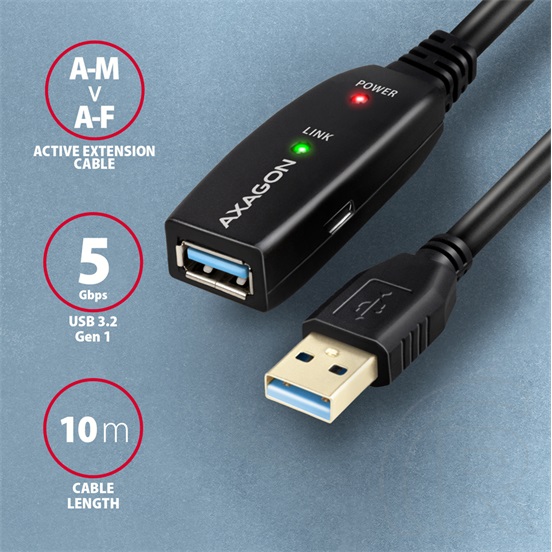 Axagon ADR-310 USB 3.2 Gen 1 aktív hosszabbító kábel (A dugó / A aljzat, 10 m, fekete)