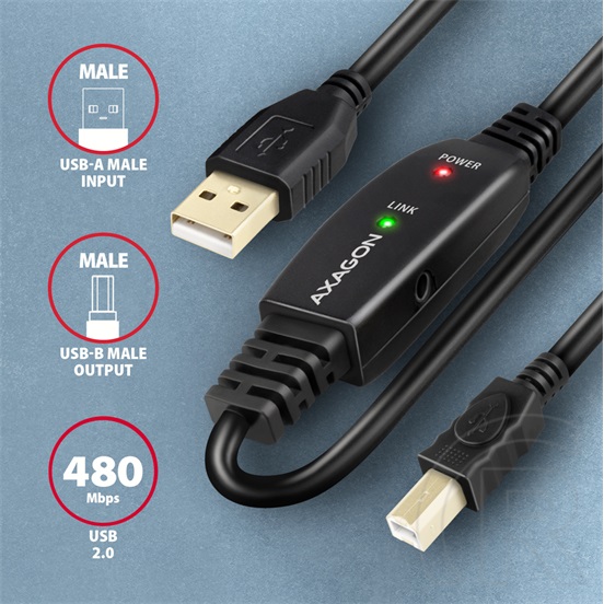 Axagon USB aktív kábel (A dugó / B dugó, 10m, fekete)