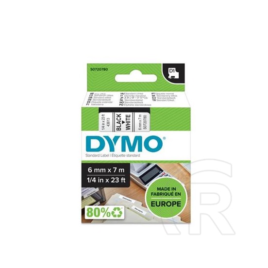 Dymo D1 feliratozógép szalag, 6 mm x 7 m, fekete-fehér