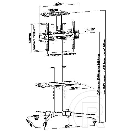 Equip TV/Monitor állvány (37"-70" álló, dönthető, állítható magasság, Max.:50kg, fekete/szürke)