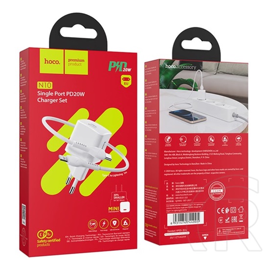 Hoco n10 starter hálózati töltő type-c aljzat (5v / 3000ma, 20w, pd gyorstöltés támogatás, qc 3.0) fehér