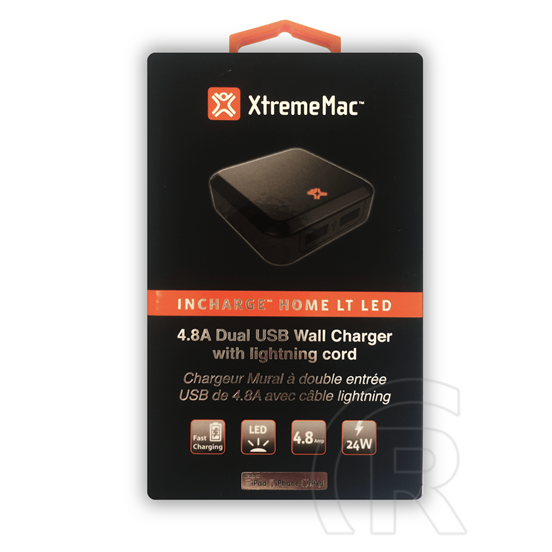 XtremeMac InCharge Home LT LED fali töltő (2 x USB, fekete) + Lightning kábel